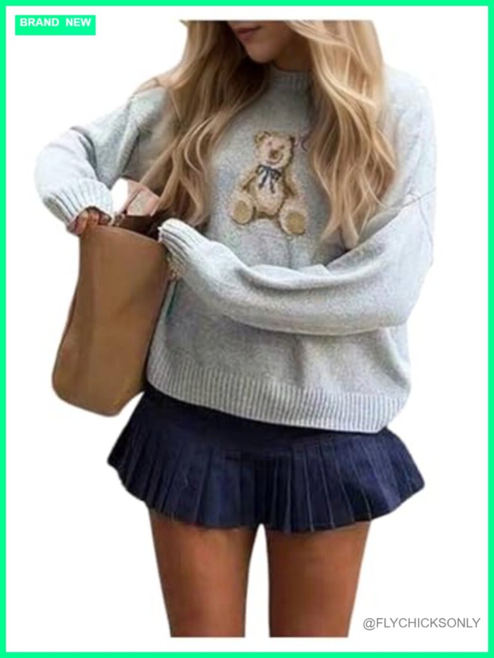 Womens Bear Print Knit Pullover Sweater Crew Neck Long Sleeve Drop Shoulder
